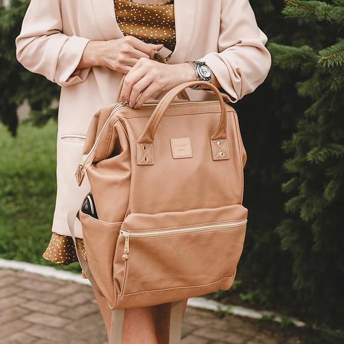 Kah&Kee Leather Laptop Backpack for Women, 15.6-16 Inch Professional Work Bag, Water-Resistant Vegan Leather Doctor Bag Backpack for Teacher, Nurse & Travel, Fits MacBook Pro 16 (Tan Pink,Large)