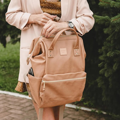 Kah&Kee Leather Laptop Backpack for Women, 14-15 Inch Professional Work Bag, Water-Resistant Vegan Leather Doctor Bag Backpack for Teacher, Nurse & Travel, Fits MacBook Air 15 (Tan Pink,Medium)