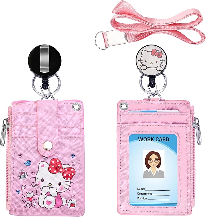 【2025 New】 Cute ID Badge Holder Retractable Lanyard Reel Clip with Heavy Duty Carabiner,5 Card Slots in2 Sided with Key Ring and Zipper for Students Teens Boys Girls Office Staff Women (01 Pink CatA)