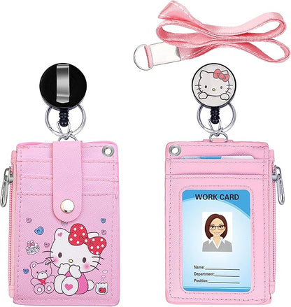 【2025 New】 Cute ID Badge Holder Retractable Lanyard Reel Clip with Heavy Duty Carabiner,5 Card Slots in2 Sided with Key Ring and Zipper for Students Teens Boys Girls Office Staff Women (01 Pink CatA)