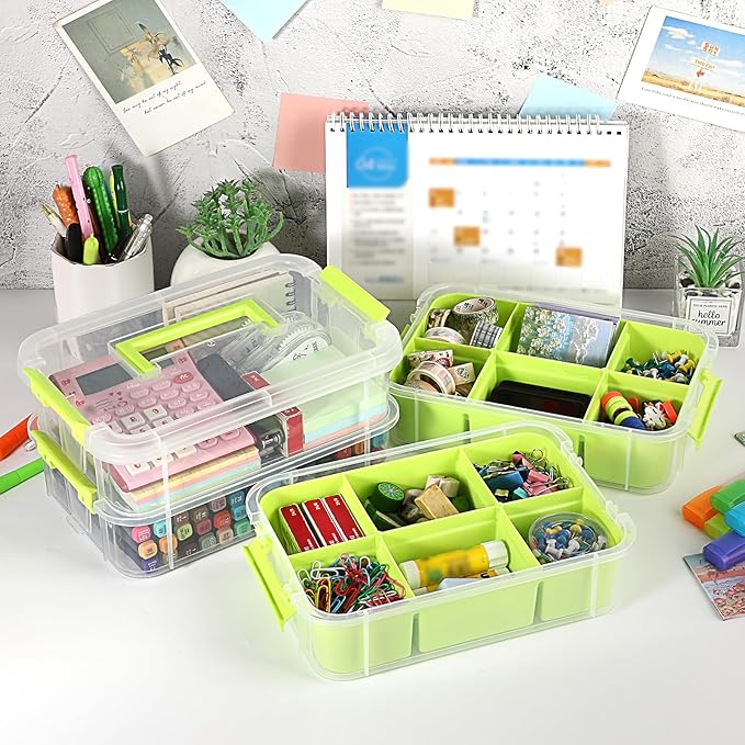JUXYES 4-Tiers Stack Carry Storage Box With 2 Divided Tray, Transparent Stackable Storage Bin With Handle Lid Latching Storage Container for School & Office Supplies, Green