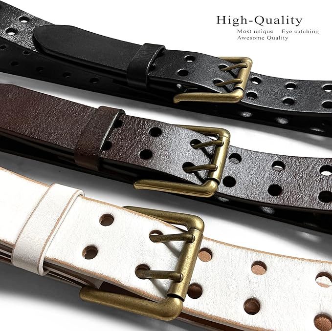 Ben Antique Twin Roller Buckle Vintage One-Piece 100% Leather Jean Belt 1-1/2" Wide