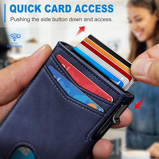 miyozi Wallet for Men, Magnetic Minimalist Slim Wallet with Pop Up Card Holder, 9 Cards RFID Blocking Metal Credit Card Case, Leather Wrapped Money Clip, ID Window & Small Item Slot, Gift Boxed