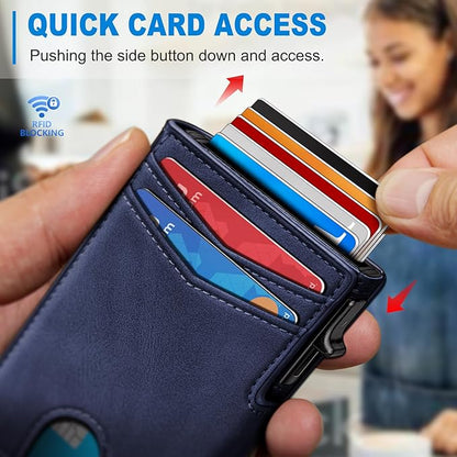 miyozi Wallet for Men, Magnetic Minimalist Slim Wallet with Pop Up Card Holder, 9 Cards RFID Blocking Metal Credit Card Case, Leather Wrapped Money Clip, ID Window & Small Item Slot, Gift Boxed