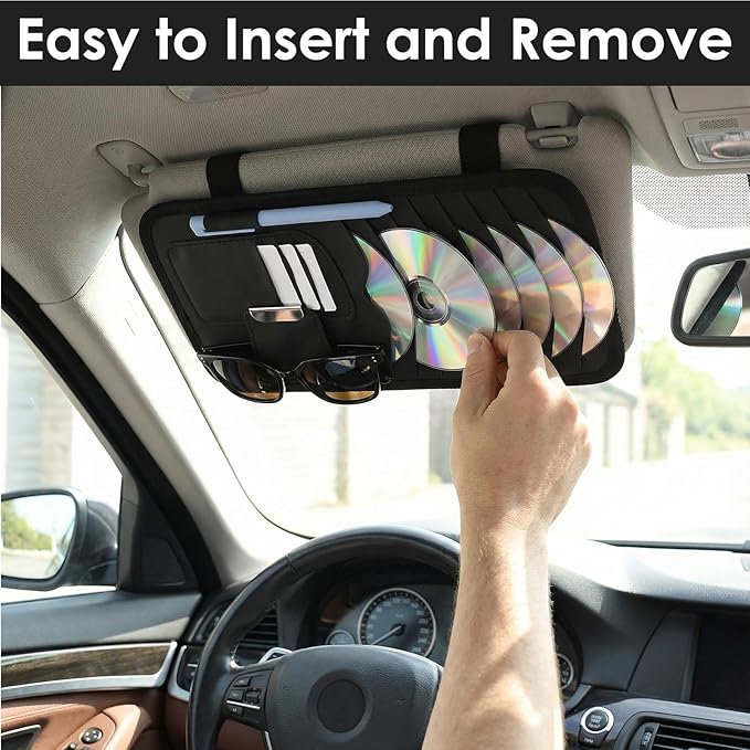 Tyqour Car CD Holder Case PU Leather Vehicle Sun Visor Organizer DVD Storage Holder for Car Visor Case with 8 Storage Sleeves Black