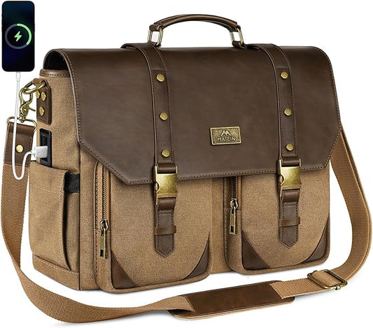 MATEIN Vintage Messenger Bag with USB Charging Port & RFID Blocking Pocket, 15.6 inch Laptop Bag Canvas PU Leather Men Briefcase, Water Resistant Computer Satchel Crossbody for Work Commuting, Brown