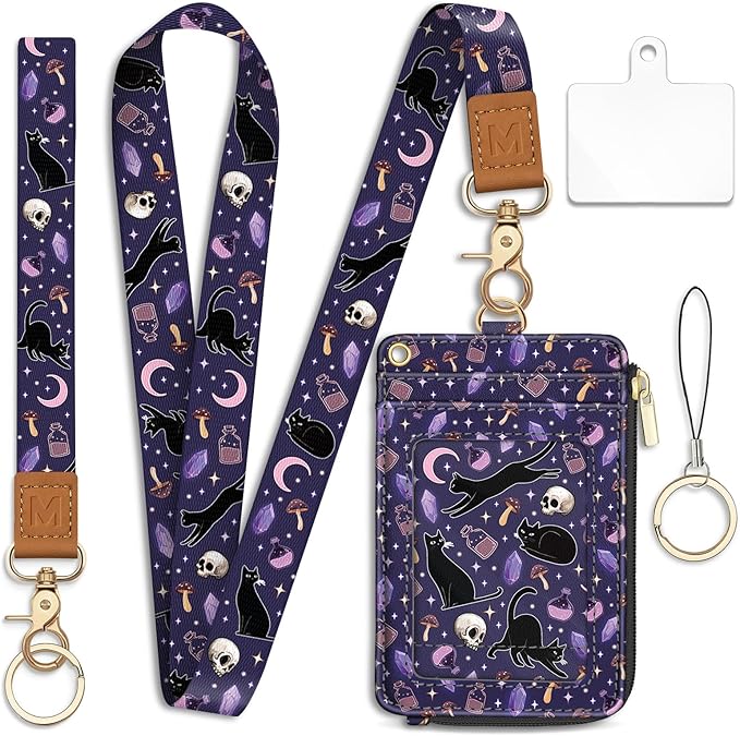 Lanyard Wallet with Id Badge Holder, Cat RFID Small Keychain Wallet Women Wristlet, Goth Skull Zipper Credit Card Holder Phone Wrist Neck Strap for Key Name Tag, Teacher Student Office Gifts