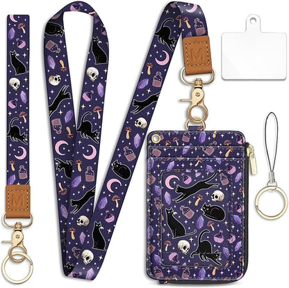 Lanyard Wallet with Id Badge Holder, Cat RFID Small Keychain Wallet Women Wristlet, Goth Skull Zipper Credit Card Holder Phone Wrist Neck Strap for Key Name Tag, Teacher Student Office Gifts