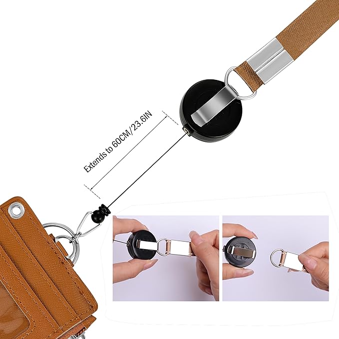 【2025 Latest】Cute ID Badge Holder Retractable Lanyard Reel Clip with Heavy Duty Carabiner, 5 Card Slots in 2 Sided with Key Ring and Zipper for Women Students Teens Girls Office Staff (Brown Duffy)