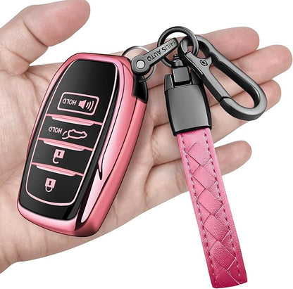Sindeda for Toyota Key Fob Cover with Metal Keychain & Leather Strap for 2025-2026 Camry 4 Runner 2019-2026 Venza, Land Cruiser,2023-2026 Tacoma Grand Highlander,Corolla,bZ4X,4-5 Buttons(Pink)