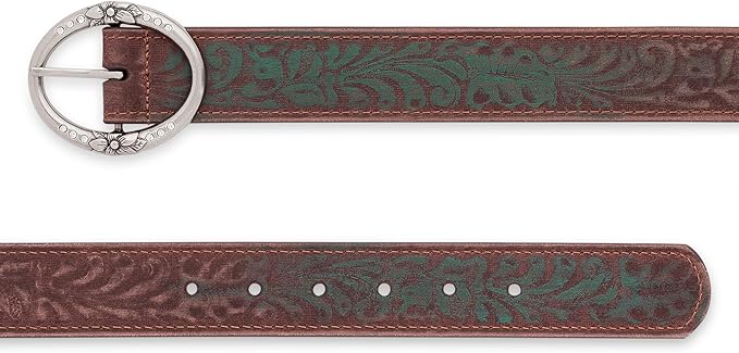 BC Belts Distressed and Embossed Brown Teal Leather Belt with Rhinestone Ring Buckle - Vintage Western Style for Women