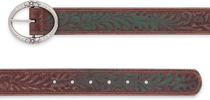 BC Belts Distressed and Embossed Brown Teal Leather Belt with Rhinestone Ring Buckle - Vintage Western Style for Women