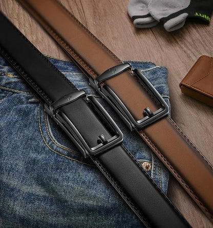 BULLIANT Men Ratchet Belt 2 Pack, Click Sliding Leather Belt Adjustable for Gift Men Dress Casual Jeans 1 3/8,Cut for Fit