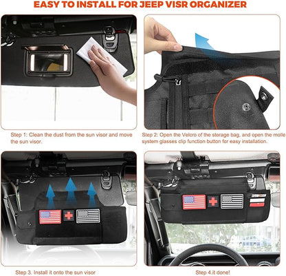 Sun Visor Organizer Compatible with Wrangler JL & JT 2018-2025, Driver's Side Front Tactical Visor Storage Molle Webbing Visor Storage, car Sunglasses Clip, Multi-Pocket