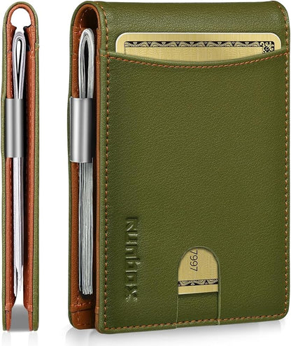 RUNBOX Slim Money Clip Wallets for Men RFID Blocking 11 Card Holder Minimalist Small Leather Bifold Men's Front Pocket Wallet Gift Box