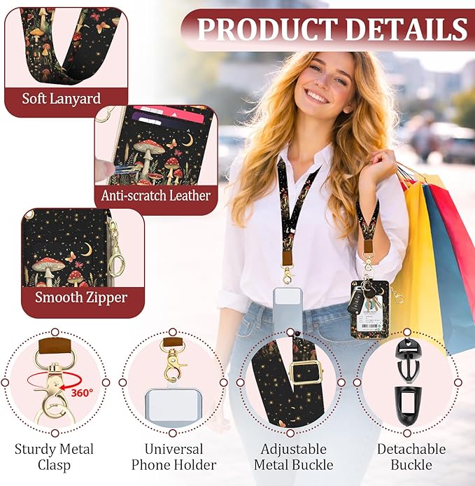 Lanyard Wallet with ID Badge Holder, Mushroom Butterfly Lanyard with ID Holder Zipper, RFID Card Holder for Women, Detachable Neck Lanyard Wrist Strap with Keychain for Nurse Doctor Teacher Gifts