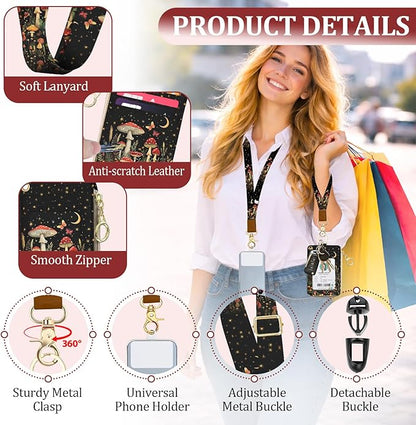 Lanyard Wallet with ID Badge Holder, Mushroom Butterfly Lanyard with ID Holder Zipper, RFID Card Holder for Women, Detachable Neck Lanyard Wrist Strap with Keychain for Nurse Doctor Teacher Gifts