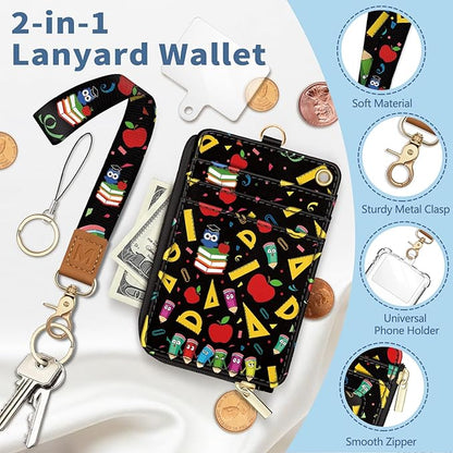 Lanyard Wallet with Id Badge Holder, Teacher RFID Small Keychain Wallet Women Wristlet, Cute Zipper Credit Card Holder Phone Wrist Neck Strap for Key Name Tag, Student School Office Gifts