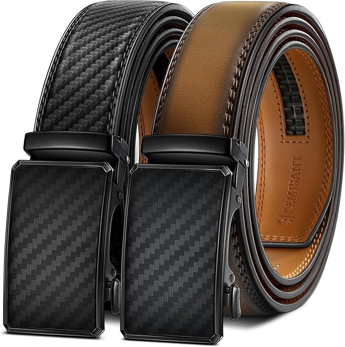 KEMISANT Men Belt 2 Pack, Leather Ratchet Belt Easy Click Slide For Men 1 3/8",Cut for Fit