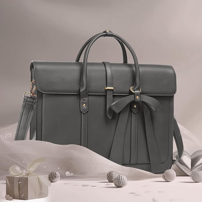 MOSISO Laptop Bag for Women, 15-15.6 inch PU Leather Laptop Shoulder Bags Convertible Backpack, 16 inch Messenger Bags Casual Handbag Work Briefcase Travel Computer Bag with Bowknot, Gray