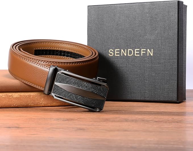 SENDEFN Men's Leather Belt Automatic Ratchet Buckle Slide Belt for Dress Casual Trim to Fit with Gift Box