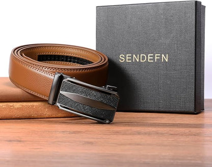 SENDEFN Men's Leather Belt Automatic Ratchet Buckle Slide Belt for Dress Casual Trim to Fit with Gift Box