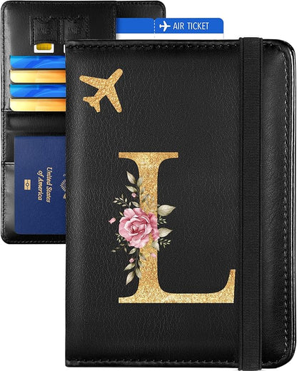 Slohif Initial Passport Holder Cover Wallet Case for Travel Women - Leather Letter Passport Book Family Multiple Personalized Organizer Card Slots Protector Sleeve Essentials Slim Carrier Black L