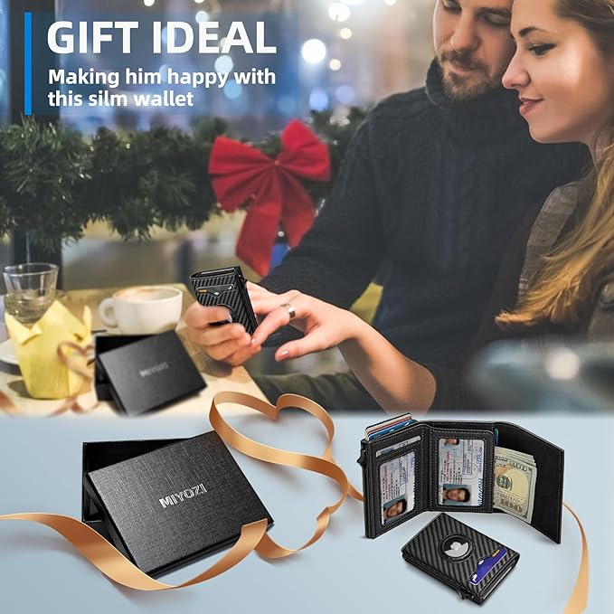 miyozi Airtag Wallet for Men,with Cash Pocket 2 ID Window 9-12 Cards,Metal Case Smart Slim Pop Up Credit Card Holder Flip with Magnetic Closure RFID Blocking Trifold wallet with Gift Box