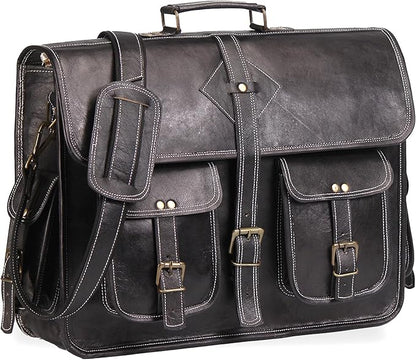Vintage Leather Laptop Bag for Men Full Grain Large Leather Messenger bag for men 18 inches with rustic look Brown briefcase (Black)