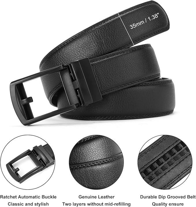 GAEKEAO Ratchet Belt for Men Genuine Leather 1 3/8" - Micro-Adjust Buckle Trim to Fit Dress Belt Casual to Formal Gift Boxed