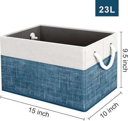 Fab totes Storage Bins [4-Pack], Foldable Storage Baskets for Organizing Toys, Books, Shelves, Closet, Large Storage Box with Rope Handles, Sturdy Organizer Bins, White & Blue