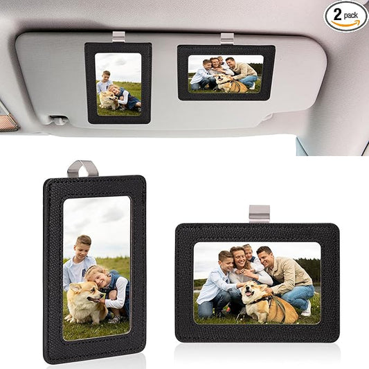 2 Pack Car Picture Frame Visor Clip Leather Sun Visor Photo Clip Holder Personalized Car Picture Holder Display Visor Photo Frame Vertical Horizontal fit 2.36"x3.54" Photo Mini Instant Film