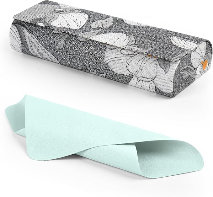 PU Leather Hard Shell Glasses Case, Floral Design Metal Frame, Portable Eyeglass Cases with Cleaning Cloth