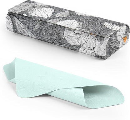 PU Leather Hard Shell Glasses Case, Floral Design Metal Frame, Portable Eyeglass Cases with Cleaning Cloth