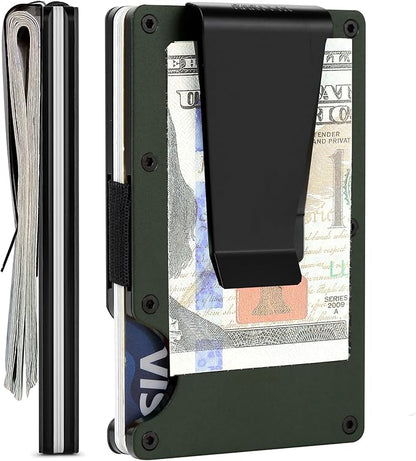 Minimalist Carbon Fiber Wallet for Men, Money Clip Cash Strap Wallet, RFID Blocking Metal Wallet Aluminum Card Holder,Front Pocket Wallet(Matte Green)