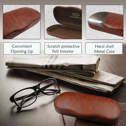 MyEyeglassCase Men's Medium Glasses Case - Classic Eyeglasses Hard Shell Holder, Elegant Easy Open Lip with Pouch and Cloth