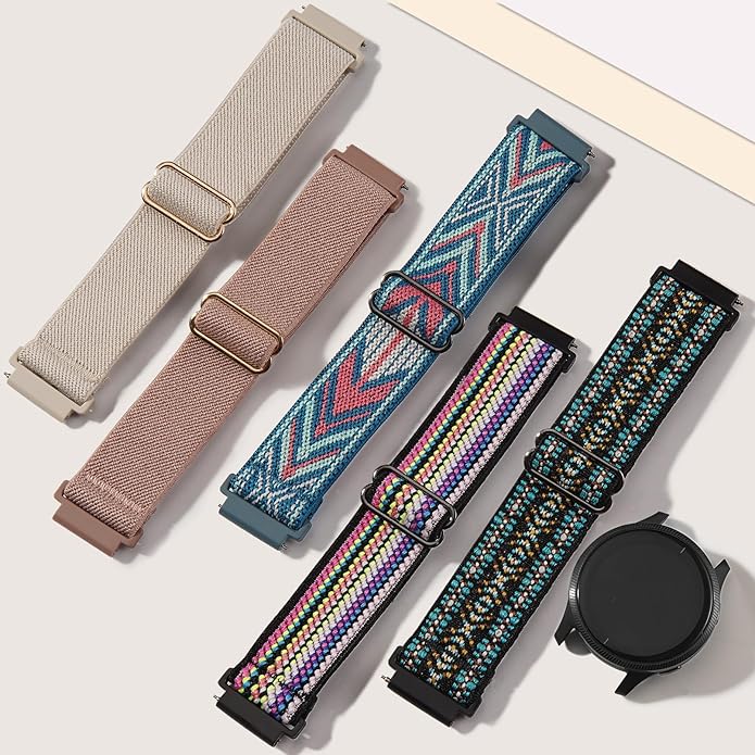5 Pack Stretchy Nylon Watch Bands Compatible with Garmin Vivoactive 5/6/Forerunner 55/165,20mm Soft Elastic Fabric Adjustable Replacement Sport Straps for Garmin Venu Sq 2 Women Men