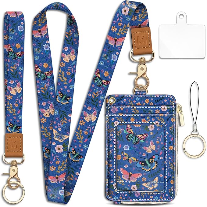 Flowers Butterfly Lanyard Wallet with ID Badge Holder, Small RFID Wallet Women Keychain Wristlet, Slim Credit Card Holder Case with Zipper Pocket Phone Lanyard Wrist Strap Name Tag Office Teacher Gift