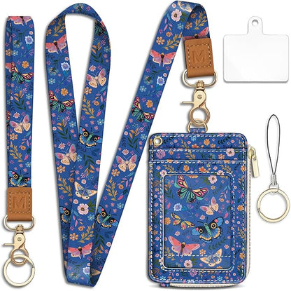 Flowers Butterfly Lanyard Wallet with ID Badge Holder, Small RFID Wallet Women Keychain Wristlet, Slim Credit Card Holder Case with Zipper Pocket Phone Lanyard Wrist Strap Name Tag Office Teacher Gift