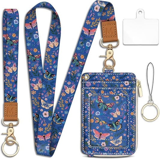 Flowers Butterfly Lanyard Wallet with ID Badge Holder, Small RFID Wallet Women Keychain Wristlet, Slim Credit Card Holder Case with Zipper Pocket Phone Lanyard Wrist Strap Name Tag Office Teacher Gift