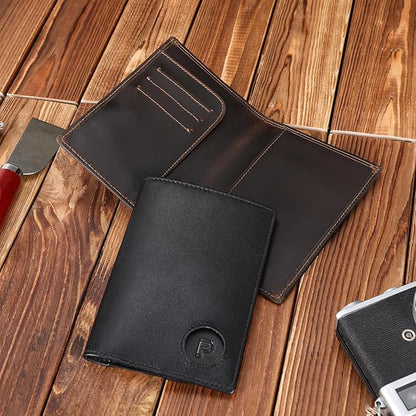 Polare Slim RFID Blocking Leather Passport Holder Travel Bifold Wallet For Men (Black with AirTag Holder)
