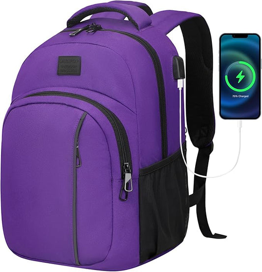 LARIPOP Carry On Backpack for Airplane, 15.6 Inch Laptop Backpack with USB Charging Port, Water Resistant Business Travel Backpack, Lightweight College School Bookbag Anti Theft for Men Women, Purple
