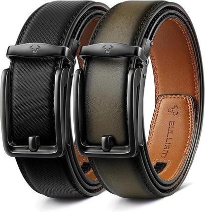BULLIANT Men Ratchet Belt 2 Pack, Click Sliding Leather Belt Adjustable for Gift Men Dress Casual Jeans 1 3/8,Cut for Fit