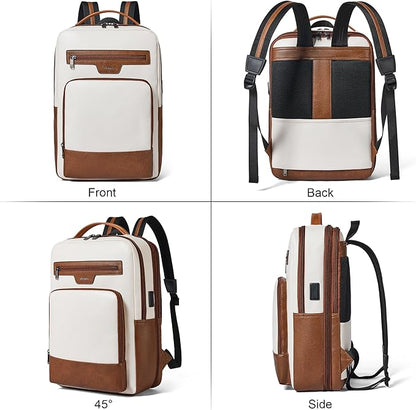 Shrrie Leather Laptop Backpack for Women and Men,28 L Travel Backpack Computer Bag Fits 16 inch Laptop,Expandable Casual Daypack with USB Port for Work Business Weekender College,Beige with Brown