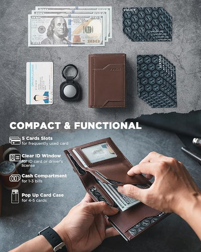 VULKIT Airtag Wallet with Keyring Leather Mens Pop up Credit Card Wallet with Air Tag Holder Trifold ID Window RFID Blocking（Espresso）