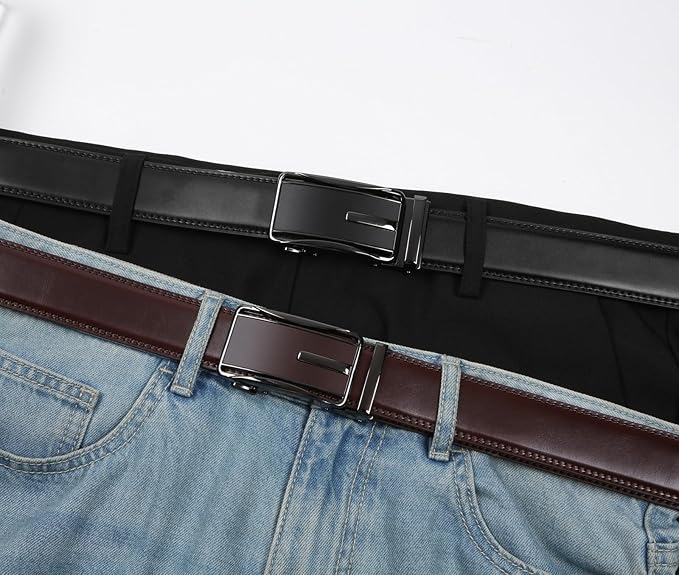 2 Pack Ratchet Belt 1 3/8", Mens leather Dress Belt in Gift Set Size 28"-62" Adjustable waist Trim to Fit