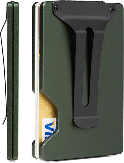 Slim Wallet for Men,RFID Blocking Minimalist Metal Wallet, Money Clip/Cash Holder, Front Pocket Aluminum Credit Card Holder, Ideal Gift for Men-Matte Green