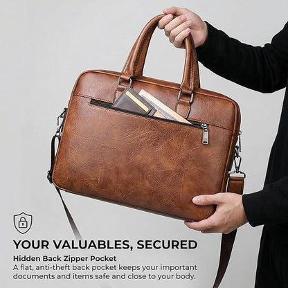 Men's Leather Laptop Bag 15 IN, Water-Resistant Briefcase Messenger Bag for Work, Business, Shoulder Crossbody Office Satchel