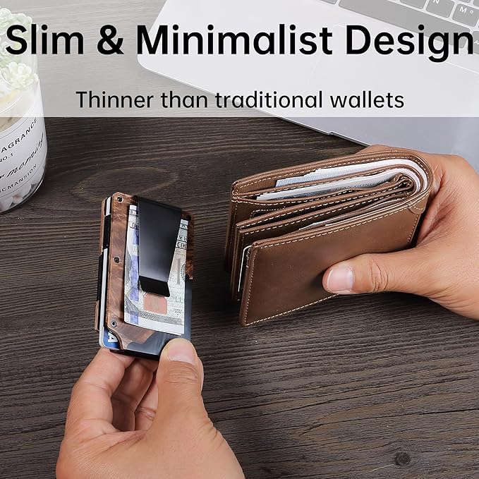 Minimalist Slim Wallet for Men,RFID Blocking Metal Wallet,Aluminum Credit Card Holder & Money Clip 12-15 Cards,Slim Rfid Front Pocket Mens Wallet,Resin Black
