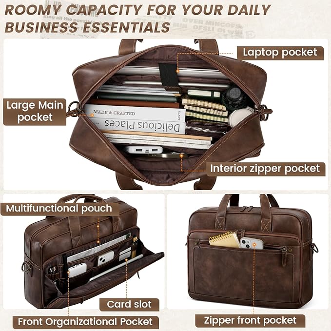 RAINSMORE Mens Laptop Bag 16 Inch Leather Briefcase Vintage Messenger Bag for Men Large Crossbody Shoulder Office Computer Bag Retro College Satchel Bag for Work, Business,Travel, Dark Brown